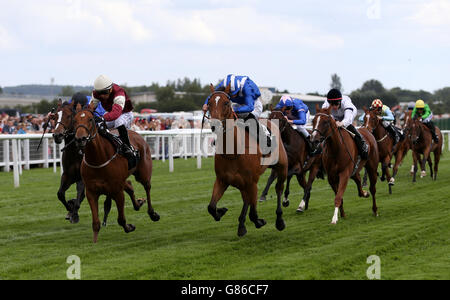 Czabo mit Silvestre De Sousa (zweite links) gewinnt beim Betfred Ladies Day auf der Rennbahn Newbury die Einsätze der Betfred TV EBF Hengste Maiden-Stutfohlen. Stockfoto