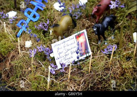 Eine Botschaft, die auf einem Blumenschmuck für den ehemaligen Lehrlingsstar Stuart Baggs hinterlassen wurde, der im Alter von 27 Jahren bei seinem Trauerdienst in der St Ninians Church, Douglas, auf der Isle of man an einem Asthmaanfall starb. Stockfoto