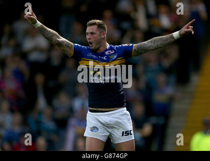 Rugby League - First Utility Super League - Super 8s - Leeds Rhinos gegen Warrington Wolves - Headingley Carnegie. Zak Hardaker von Leeds Rhino feiert einen Versuch beim ersten Super-8-Match der Utility Super League in Headingley Carnegie, Leeds. Stockfoto