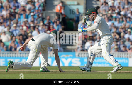 Der Australier Adam Voges (links) feiert den Fang von Englands Johnny Bairstow (nicht abgebildet) am dritten Tag des fünften Investec Ashes Tests im Kia Oval, London. Stockfoto