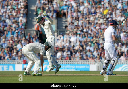 Der Australier Adam Voges (links) feiert den Fang von Englands Johnny Bairstow (rechts) am dritten Tag des fünften Investec Ashes Tests im Kia Oval, London. Stockfoto