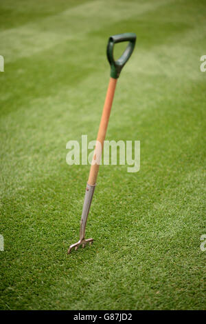 Detail der Gabel eines Platzwart, der zuvor im Feld feststeckte Das Spiel Stockfoto