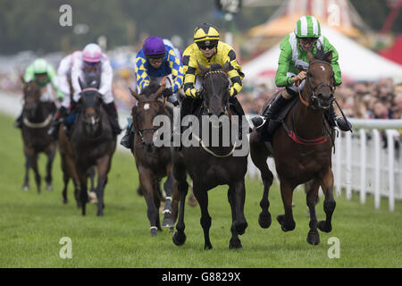 Dark Amber unter der Leitung von Miss Clare Robinson (zweite rechts) führt das Feld nach Hause und gewinnt am zweiten Tag des Feiertagswochenendes auf der Goodwood Racecourse den Goodwood Amateur Rider Challenge Handicap Stakes Race. DRÜCKEN SIE VERBANDSFOTO. Bilddatum: Sonntag, 30. August 2015. Siehe PA Story RACING Goodwood. Bildnachweis sollte lauten: Julian Herbert/PA Wire Stockfoto