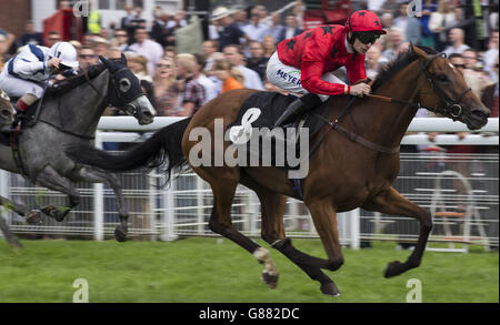 Bateel unter der Leitung von Fergus Sweeney führt das Heimfeld an, um am zweiten Tag des Feiertagswochenendes auf der Goodwood Racecourse den Lauf der 888-Sportfillies' Stakes Race zu gewinnen. Stockfoto