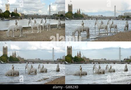 Zusammengesetztes Bild von Ansichten der hybriden Skulptur Rising Tide von Jason deCaires Taylor in Nine Elms am Südufer der Themse, London, zu verschiedenen Tageszeiten, wenn die Flut kommt. Stockfoto