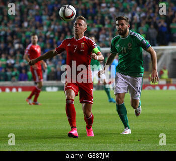 Der ungarische Balazs Dzsudzsak (links) und der nordirische Stuart Dallas während des UEFA-Europameisterschafts-Qualifikationsspiel im Windsor Park, Belfast. DRÜCKEN SIE VERBANDSFOTO. Bilddatum: Montag, 7. September 2015. Siehe PA Story SOCCER N Ireland. Der Bildnachweis sollte lauten: Niall Carsony/PA Wire Stockfoto