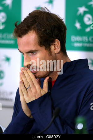 Andy Murray, der britische Davis-Cup-Teamspieler, während der Pressekonferenz vor der Verlosung in der Emirates Arena in Glasgow. DRÜCKEN Sie VERBANDSFOTO. Bilddatum: Mittwoch, 16. September 2015. Siehe PA Geschichte TENNIS Davis Cup. Bildnachweis sollte lauten: Andrew Milligan / PA Wire. Stockfoto