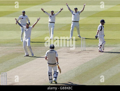 Yorkshire's Tim Bresnan (Mitte, links) appelliert erfolglos für das Wicket von Middlesex's Sam Robson während des zweiten Tages des LV= County Championship Division One Spiels im Lord's Cricket Ground, London. Bilddatum: Donnerstag, 10. September 2015. Siehe PA Geschichte CRICKET Middlesex. Bildnachweis sollte lauten: Jed Leicester/PA Wire. EINSCHRÄNKUNGEN: Keine kommerzielle Nutzung ohne vorherige schriftliche Zustimmung der EZB. Nur für Standbilder – keine bewegten Bilder, die Broadcast emulieren können. Keine Entfernung oder Verdunkelung von Sponsorlogos. Stockfoto