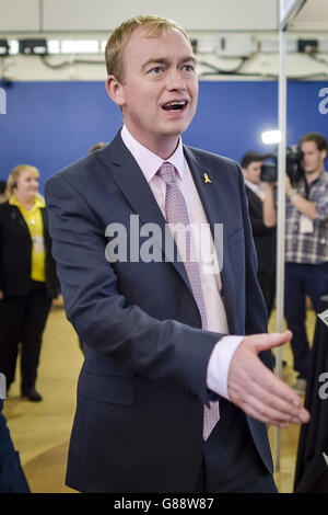 Der Vorsitzende der Liberaldemokraten, Tim Farron, während seines Streiks auf der Jahreskonferenz der Liberaldemokraten im Bournemouth International Centre. Stockfoto