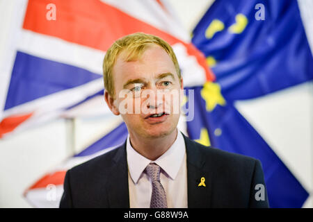 Der Vorsitzende der Liberaldemokraten, Tim Farron, während seines Streiks auf der Jahreskonferenz der Liberaldemokraten im Bournemouth International Centre. Stockfoto