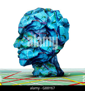 Menschlichen Fahrplan Konzept als eine Gruppe von zerknitterten Verkehrskarten, geformt wie ein Kopf als Geschäft oder Leben Richtung Metapher in ein 3D krank Stockfoto