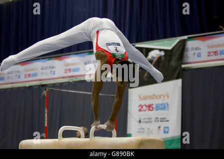 Englands Jamie Lewis tritt auf dem Pommel Pferd während der Sainsbury's 2015 School Games in Manchester auf. Stockfoto