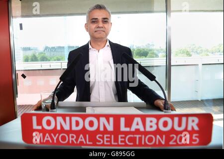 Sadiq Khan, nachdem es angekündigt wurde, dass er als Labour-Kandidat gewählt wurde, um für London Bürgermeister im Jahr 2016 zu kandidieren. Stockfoto
