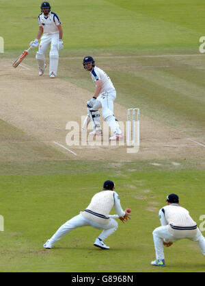 Yorkshire's Alex Lees (Mitte) blickt zurück, als er am vierten Tag des LV= County Championship Division One-Spiels am Lord's Cricket Ground, London, von Dawid Malan (unten links), Middlesex, gefangen wird. Stockfoto