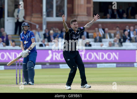 Surrey's Jade Dernbach (rechts) feiert, einen Hattrick zu machen, während er das Wicket von Gloucestershire's David Payne (links) während des Royal London One Day Cup Finales in Lord's London beansprucht. Stockfoto