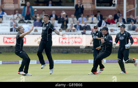 Surreys Jade Dernbach (Mitte) feiert, einen Hattrick zu machen, als er während des Royal London One Day Cup Finales in Lord's London das Dickicht von David Payne aus Gloucestershire (nicht abgebildet) beansprucht. Stockfoto