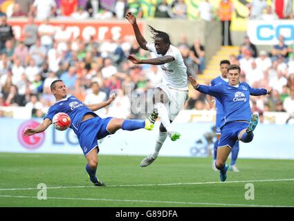 Antonio Eder von Swansea City in Aktion gegen Evertons Phil Jagielka (links) und John Stones während des Spiels der Barclays Premier League im Liberty Stadium in Swansea. Stockfoto