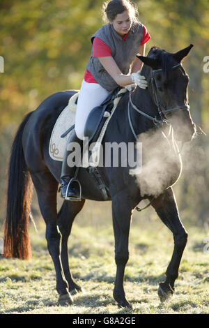 Junges Mädchen, 17 Jahre, Reiten ihr Pferd im Herbst Stockfoto