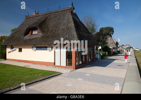 Häuser mit Strohdach auf der Strandpromenade, Ostsee resort Grenzziehung, Mecklenburg-Vorpommern, PublicGround Stockfoto