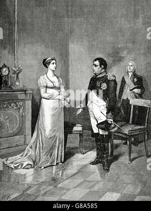 Königin Marie Louise, Herzogin von Parma (1791-1847) und Napoleon ich Bonaparte (1769-1821) in Tilsit. Kupferstich von A. Closs. Germania, 1882. Stockfoto