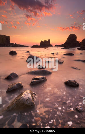 Felsnadeln entlang der Küste in der Nähe von Ballintoy Harbour auf der Causeway Coast of Northern Ireland bei Sonnenuntergang. Stockfoto