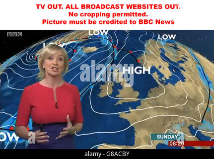 Video-Grab von BBC News von BBC Breakfast Wetter-Moderatorin Carol Kirkwood, als ein Mode-Kampf war auf den Karten mit Carol Kirkwood und Louise Minchin im Fernsehen im gleichen Kleid zu erscheinen. Stockfoto