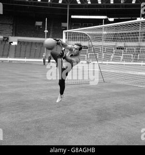 Fußball - Weltmeisterschaft England 1966 - Uruguay Training - Wembley Stadion. Uruguay-Torwart Roberto Sosa macht einen Tauchgang sicher Stockfoto