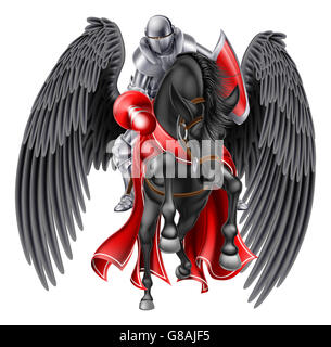 Mittelalterliche Ritter montiert auf ein schwarzen Pegasus legendäre mythologische geflügeltes Pferd mit einer Lanze bereit für ein Turnier oder bekämpfen Stockfoto