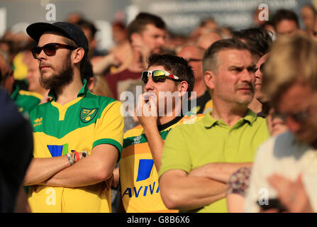 Fußball - Barclays Premier League - Norwich City / Leicester City - Carrow Road. Die Fans von Norwich City stehen während des Spiels der Barclays Premier League in der Carrow Road, Norwich, dejected. Stockfoto