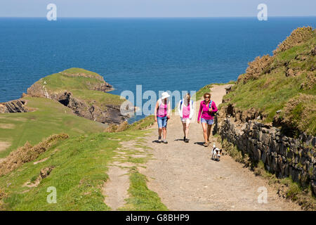 Großbritannien, Wales, Ceredigion, Llangrannog, Lochtyn, drei weibliche Wanderer mit Hund auf Coast path Stockfoto