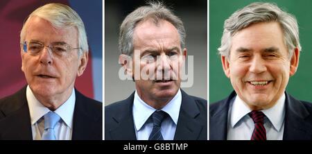 Undatierte Dateifotos von (von links nach rechts) Sir John Major, Tony Blair und Gordon Brown, die sich dem Drücker anschließen, in der EU zu bleiben. Stockfoto