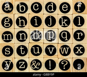 Englisches Alphabet Kleinbuchstaben, Hintergrund isoliert Holz Buchdruck Druckerei block Stockfoto