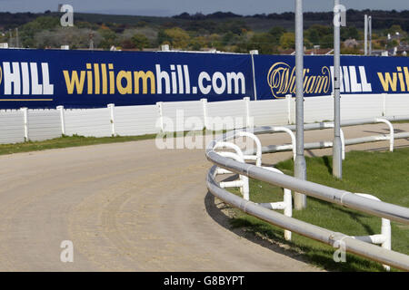 Greyhound Racing - Sunderland Greyhound Stadium. Ein allgemeiner Überblick über das Branding und die Beschilderung von William Hill. Stockfoto