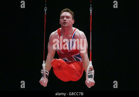 Der britische Daniel Purvis tritt am dritten Tag der Weltmeisterschaften 2015 bei der SSE Hydro in Glasgow an den Still Rings an. Stockfoto