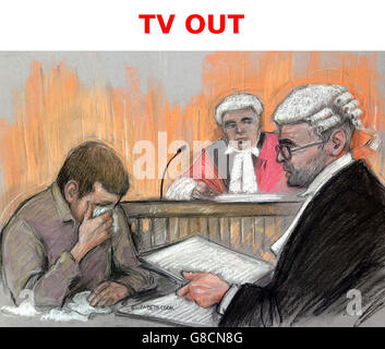 TV OUT Court Künstlerskizze von Elizabeth Cook von Nathan Matthews weint im Dock als Adam Vaitilingam QC (rechts) auf Bristol Crown Court schaut, als er der Jury sagte, er habe nicht die Absicht, seine Stiefschwester Becky Watts zu ermorden. Stockfoto