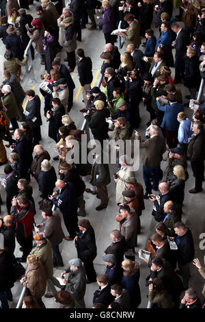 Pferderennen - The Showcase - Tag Zwei - Cheltenham Racecourse. Rennfahrer beobachten die Action auf der Cheltenham Racecourse Stockfoto