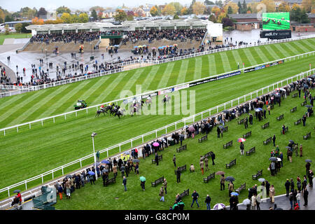 Pferderennen - The Showcase - Tag Zwei - Cheltenham Racecourse. Rennfahrer beobachten die Action auf der Cheltenham Racecourse Stockfoto