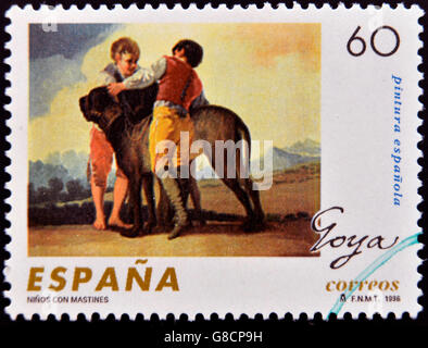 Spanien - CIRCA 1996: Eine Briefmarke gedruckt in Spanien zeigt Kinder mit Hunden von Francisco de Goya, ca. 1996 Stockfoto