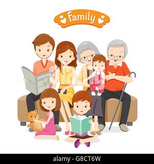 Glückliche Familie sitzt auf dem Sofa und Boden, Beziehung, Zweisamkeit, Ferien, Urlaub, Lifestyle Stock Vektor