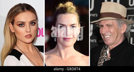 Fotos von (von links) Perrie Edwards, Kate Winslet und Keith Richards. Stockfoto