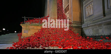 Keramikmohn aus dem Weeping Window, Teil der im vergangenen Herbst im Tower of London gezeigten Kunstwerke „Blood Sweeped Lands“ und „Seas of Red“, die in der St George's Hall, Liverpool, Während sich die Nation darauf vorbereitet, sich an ihre gefallenen Dienste zu erinnern, werden Männer und Frauen mit Erinnerungsdiensten in ganz Großbritannien in den nächsten Tagen abgehalten. Stockfoto
