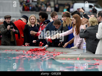 Mitglieder der Öffentlichkeit werfen Mohnblumen in den Brunnen am Trafalgar Square im Zentrum von London, bevor zum Waffenstillstandstag, dem Jahrestag des Endes des Ersten Weltkriegs, eine zweiminütige Stille beobachtet wird. Stockfoto