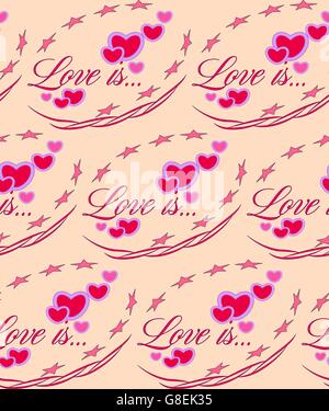 Liebe ist... Rotes Herz. Valentines Day. nahtlose Muster. Geschenkverpackung Stock Vektor