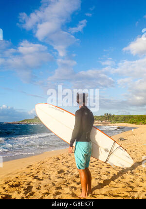 Surfer sieht hawaiianische Mönchsrobbe ruht am Hookipa Beach Stockfoto