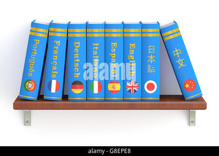 Regal mit Wörterbücher Bücher, 3D-Rendering isolierten auf weißen Hintergrund Stockfoto