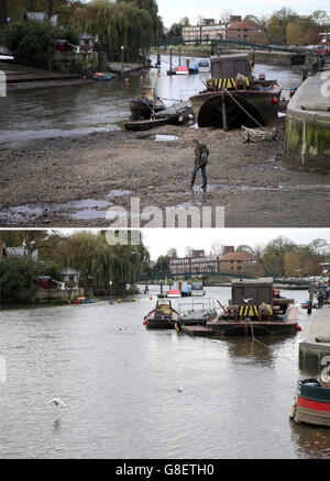 Zusammengesetztes Bild, das die Themse bei Twickenham bei Ebbe zeigt, wo der Wasserstand niedriger als üblich war, da jährliche Wartungsarbeiten an der Richmond-Schleuse, Wehren und Schleusen durchgeführt und das Flussbett inspiziert werden. Unten abgebildet - die gleiche Stelle bei Flut. Stockfoto