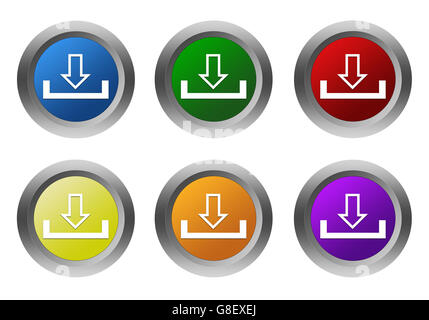 Abgerundete bunte Schaltflächen mit Download-Symbol in blau, grün, gelb, rot, lila und orange Farben Stockfoto