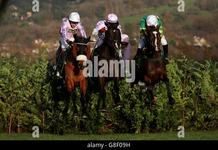 Der spätere Gewinner Josies Orders unter Nina Carberry (rechts) springt mit Bless The Wings unter Kevin Sexton (Mitte) und Any Currency unter Aidan Coleman in der Glenfarcras Cross Country Handicap Chase während des ersten Tages der Open auf der Cheltenham Rennbahn, Cheltenham. DRÜCKEN SIE VERBANDSFOTO. Bilddatum: Freitag, 13. November 2015. Siehe PA Story RACING Cheltenham. Bildnachweis sollte lauten: David Davies/PA Wire. Stockfoto