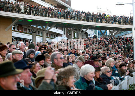 Rennfahrer beobachten die Dressurvorstellung von AP McCoy mit Charlotte Dujardin am ersten Tag der Open auf der Cheltenham-Rennbahn in Cheltenham. Stockfoto