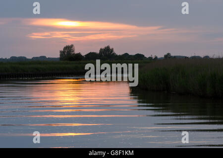 Sonnenuntergang über dem Fluss Bure aus Stracey Arme in der Nähe von Acle. Norfolk Broads. VEREINIGTES KÖNIGREICH. Juni. Stockfoto